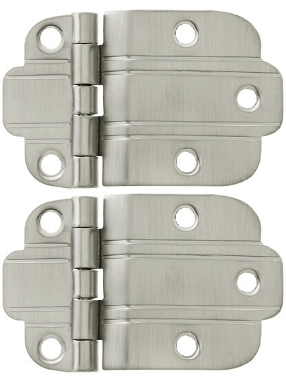 Pair of Solid Brass Deco-Style Offset Cabinet Hinges - 1 1/2 inch x 2 1/2 inch in Satin Nickel.